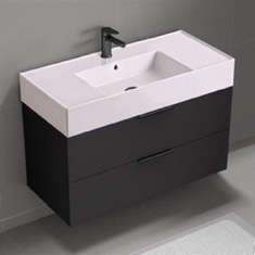 Floating Black Bathroom Vanity, Modern, 40 inch, Pink Ceramic Sink